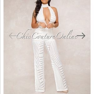 Jumpsuit white cutout sheer sparkles